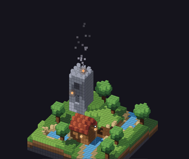 El editor en 3D: la escena de muestra con su torre, la casa, el río y humo saliendo del brasero