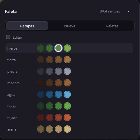 La ventana de la paleta con sus rampas: hierba, tierra, piedra, madera, agua, hojas, tejado y arena