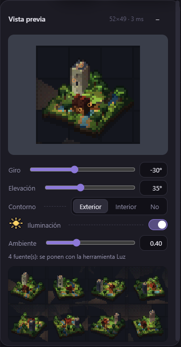 La vista previa iluminada, con giro, elevación, contorno, ambiente y los 8 ángulos